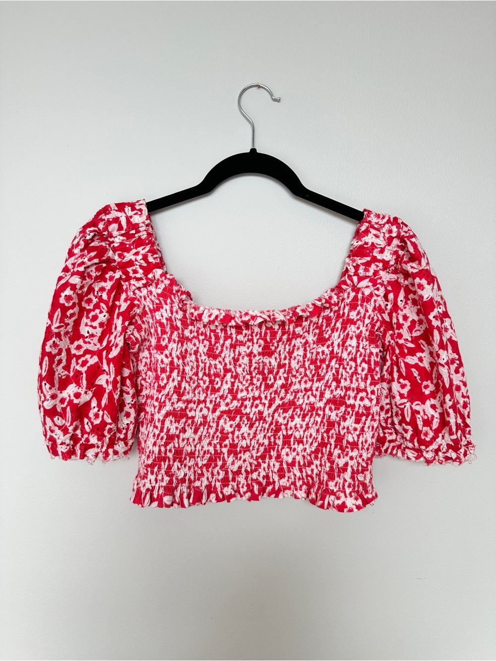 Anthropologie Red & White Smocked Puff-Sleeve Crop Top